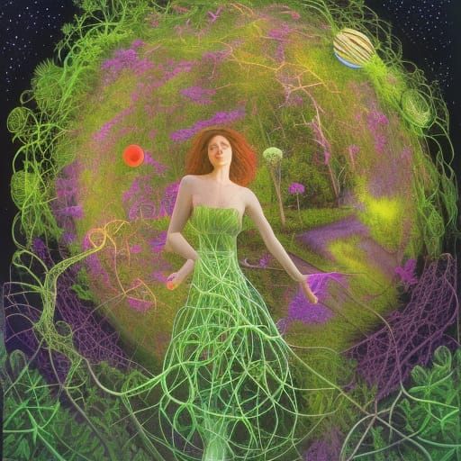 Woman-Vine Hybrid on Stargazing Platform in Surreal Style