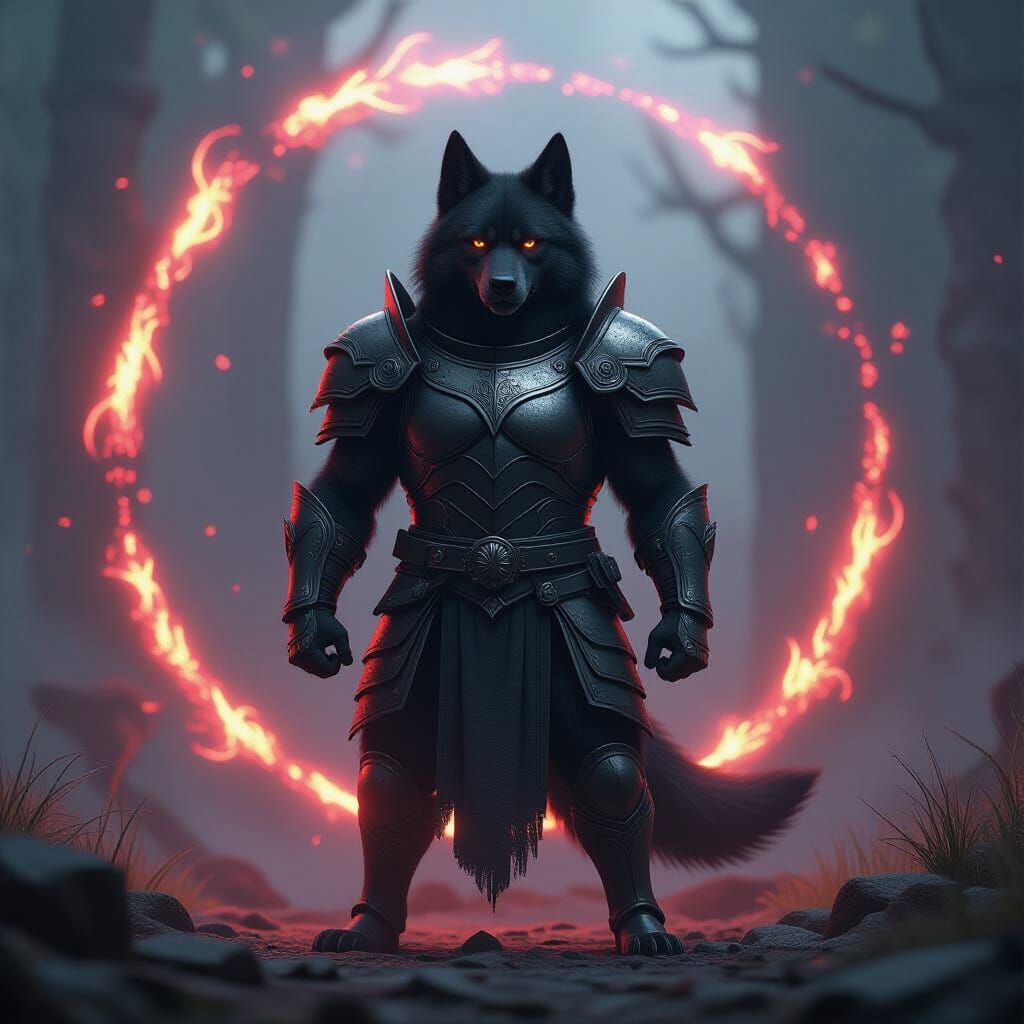 Heroic Hellhound in Dark Fantasy Realm
