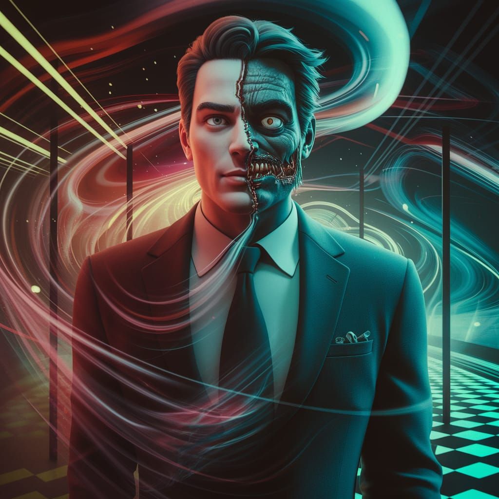 Surreal Portrait of Duality in Cyberpunk Vaporwave Style