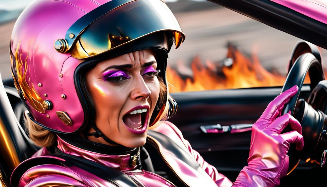 Distressed Woman in Burning Race Car