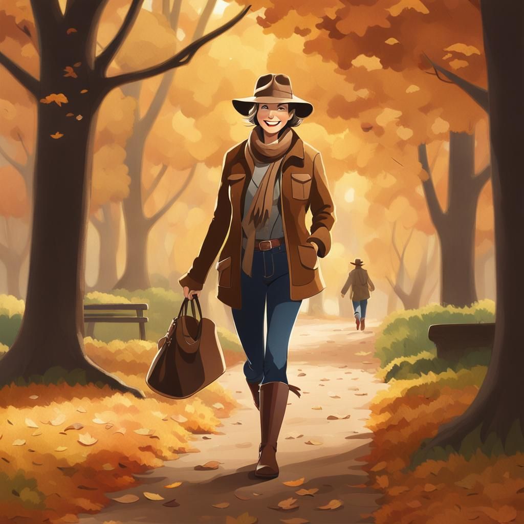 Woman Strolls Through Autumn Park in Golden Light