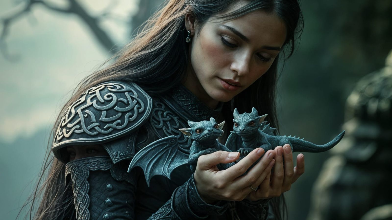 Goddess Morrigan with Baby Dragons in Fantasy Land