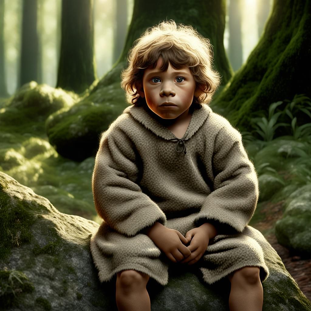 Realistic Neanderthal Child Portrait in Forest Setting