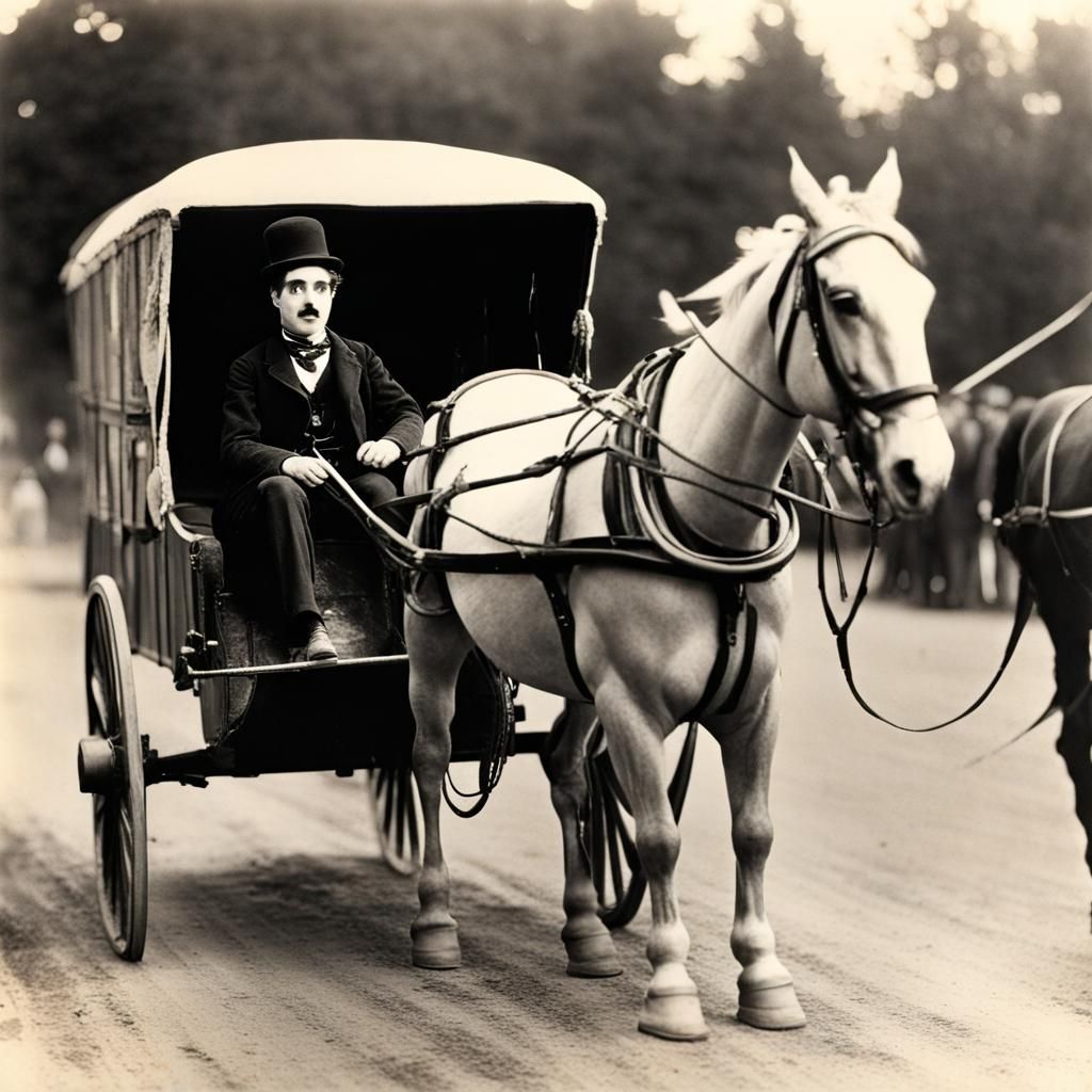 Chaplin-esque Figure on Horse Wagon: Vintage Style