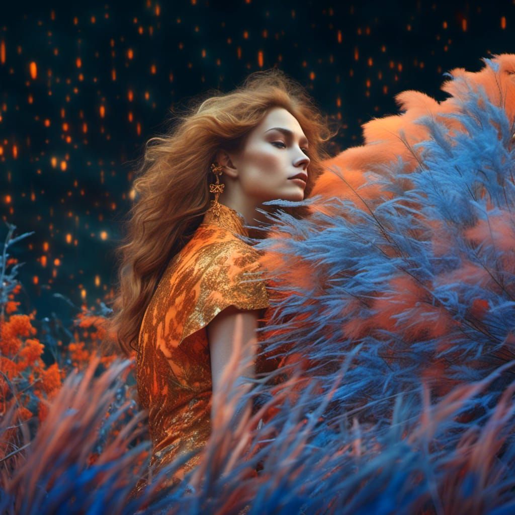 Lion and Woman Merge at Savannah Sunset in Art Nouveau