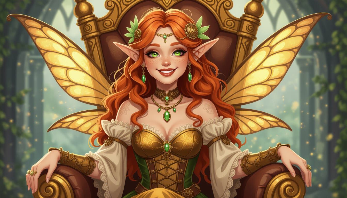 Ginger Haired Faerie on Throne in Steampunk Bohemian Dress