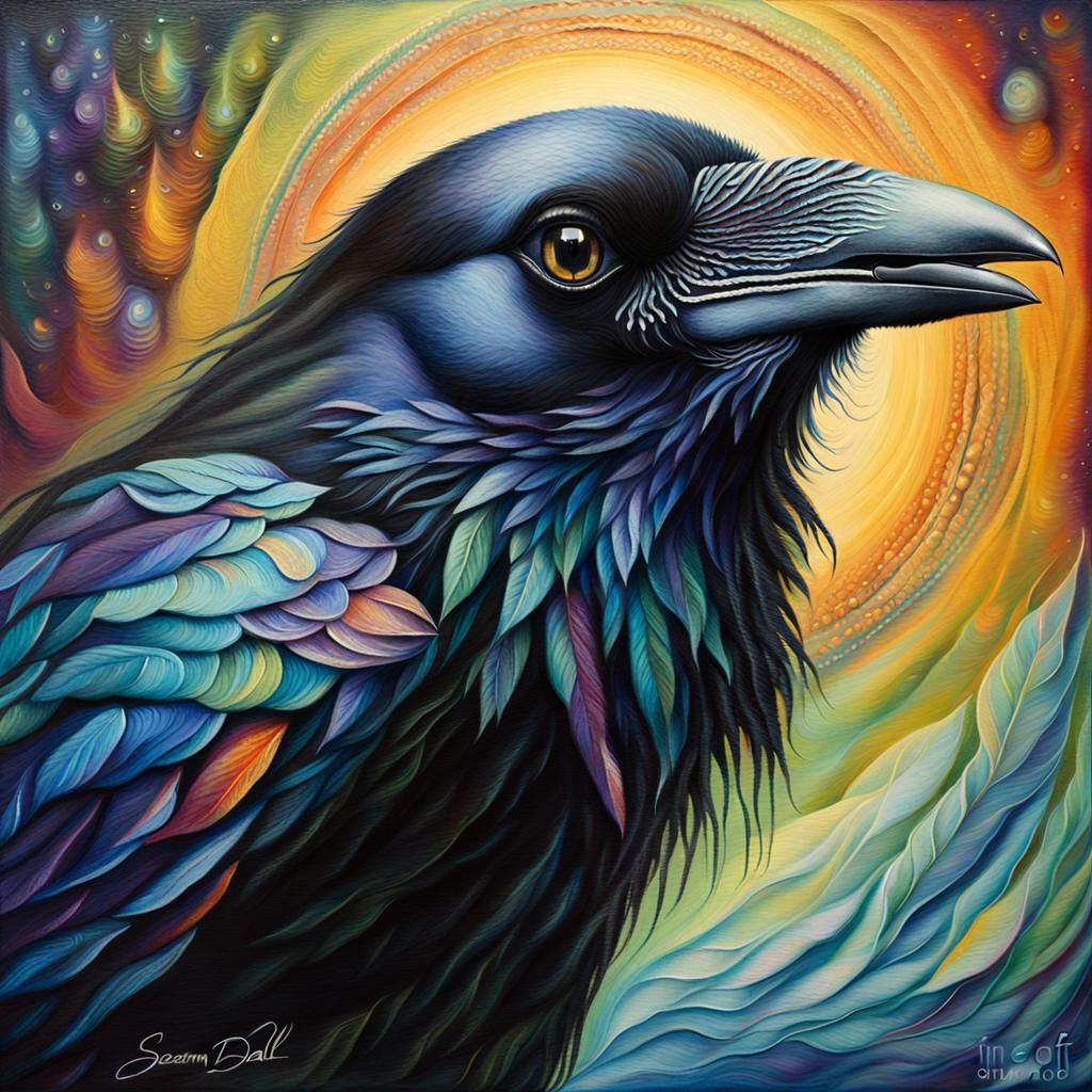 Mystic Crow Radiating Light as Surreal Oil Painting