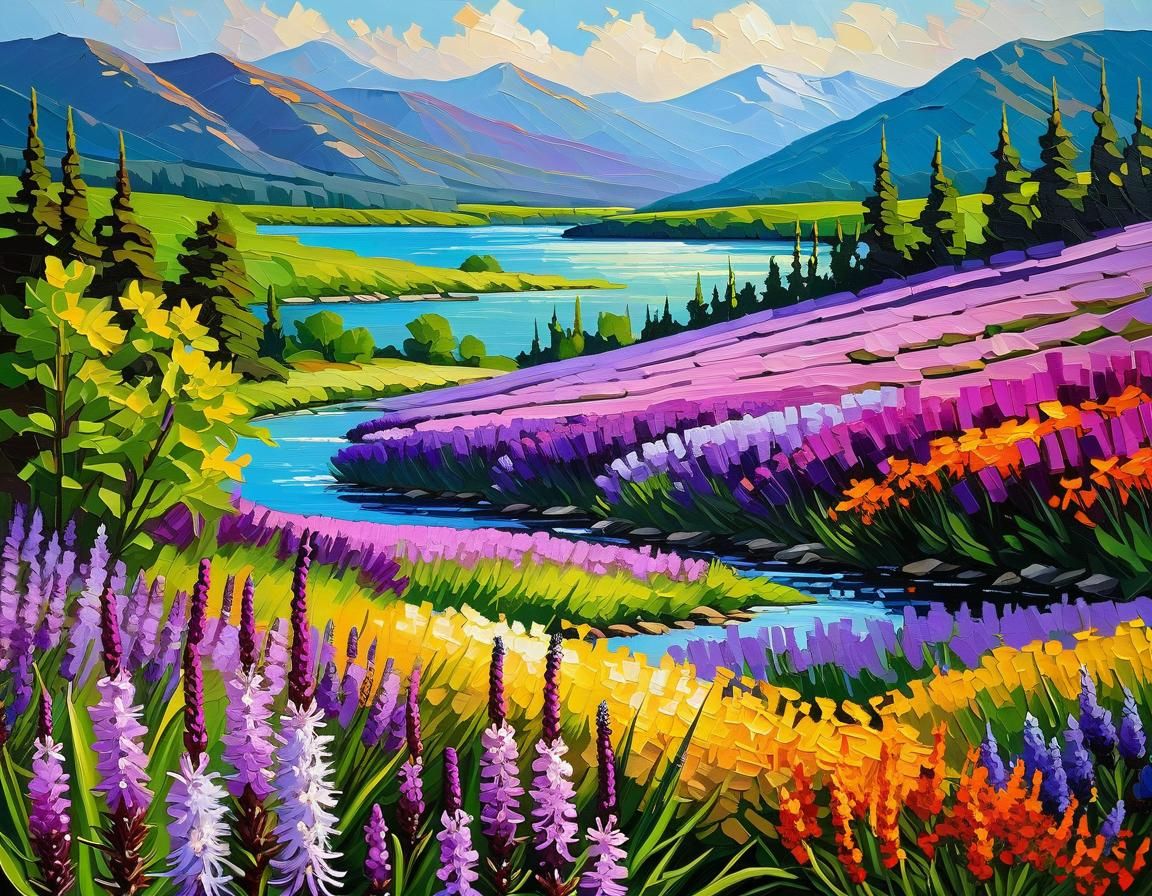 River Landscape with Wildflowers in Impasto Style