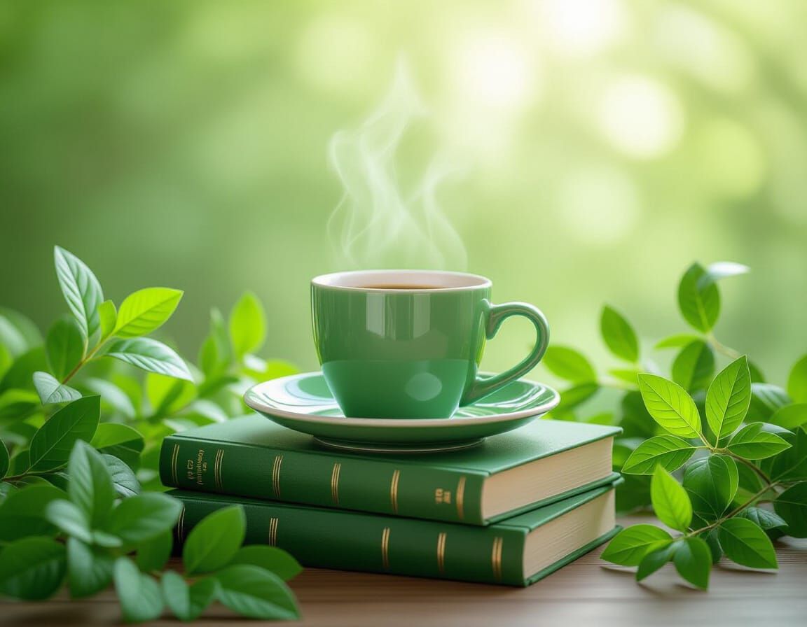 Green Coffee Cup Still Life with Foliage