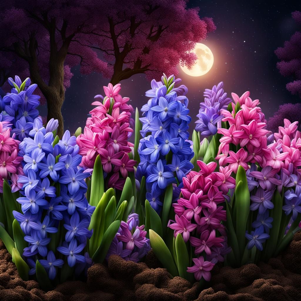 Moonlit Hyacinths: Detailed 3D Digital Art Masterpiece