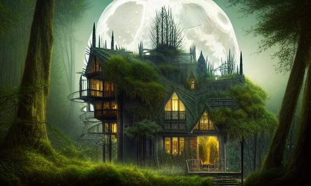 Magical Forested Tower on the Moon in Digital Art