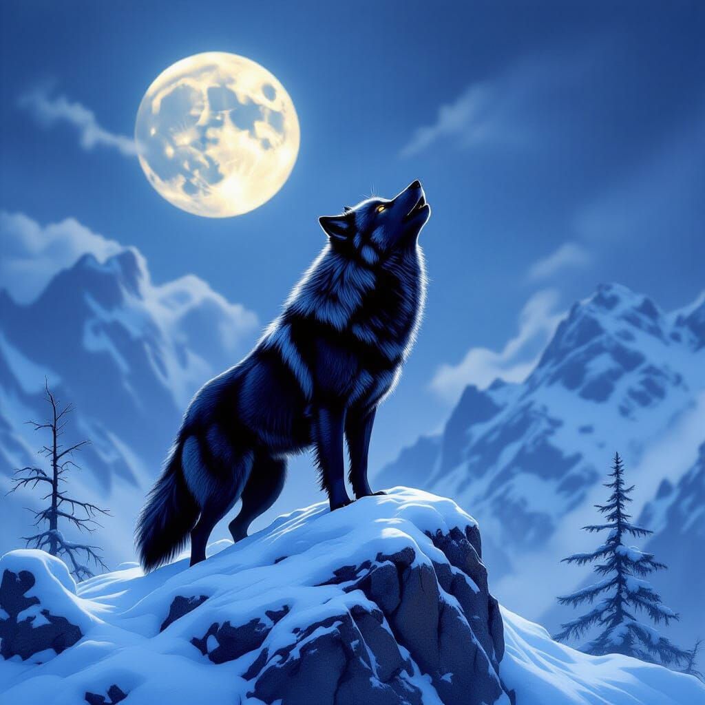 Black Wolf Howling at Moon on Snowy Peak