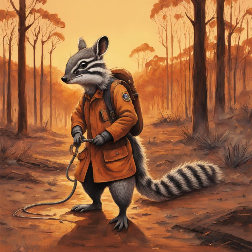 Heroic Numbat Fights Blaze in Sunset Landscape