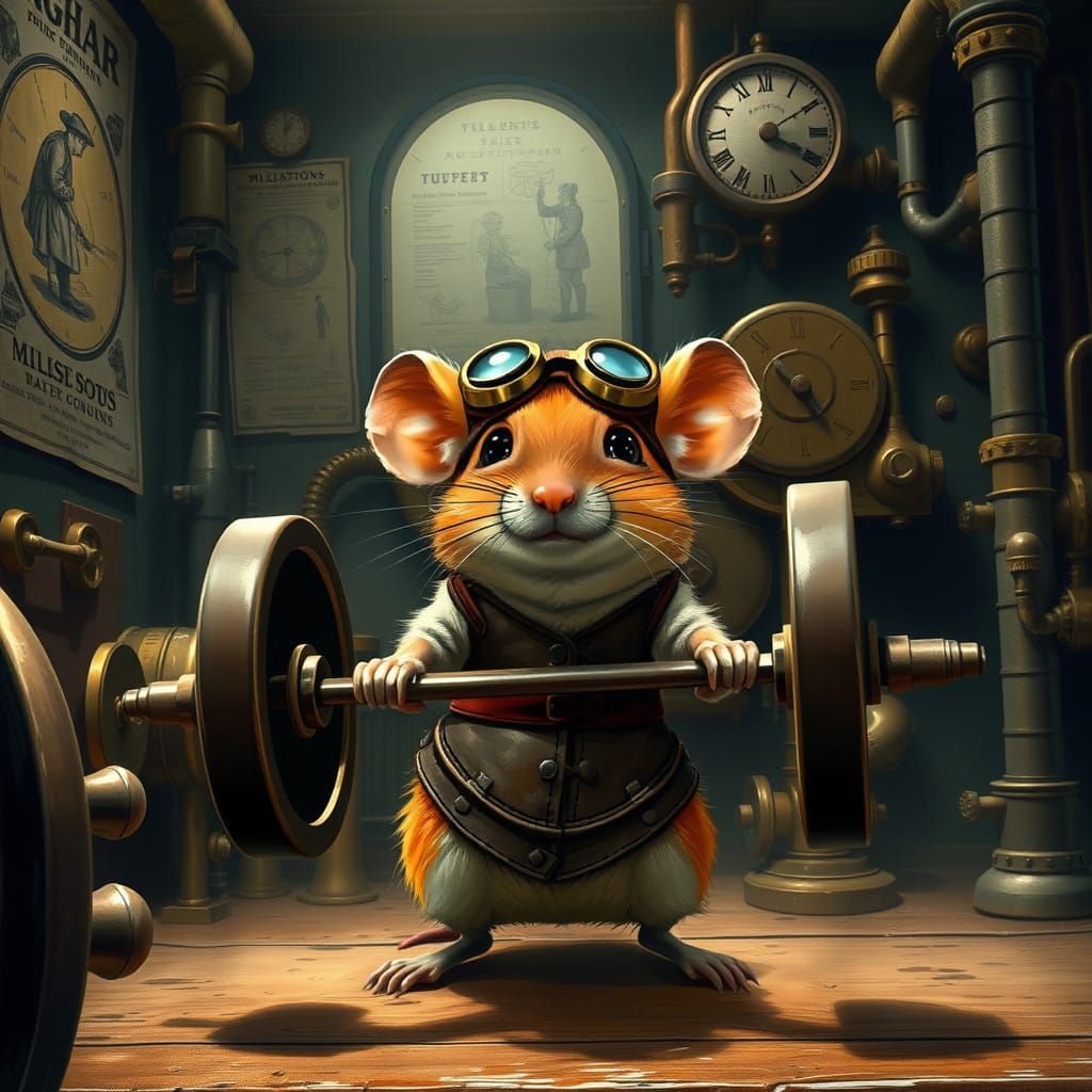 Victorian Mouse Lifts Barbell in Steampunk Gym