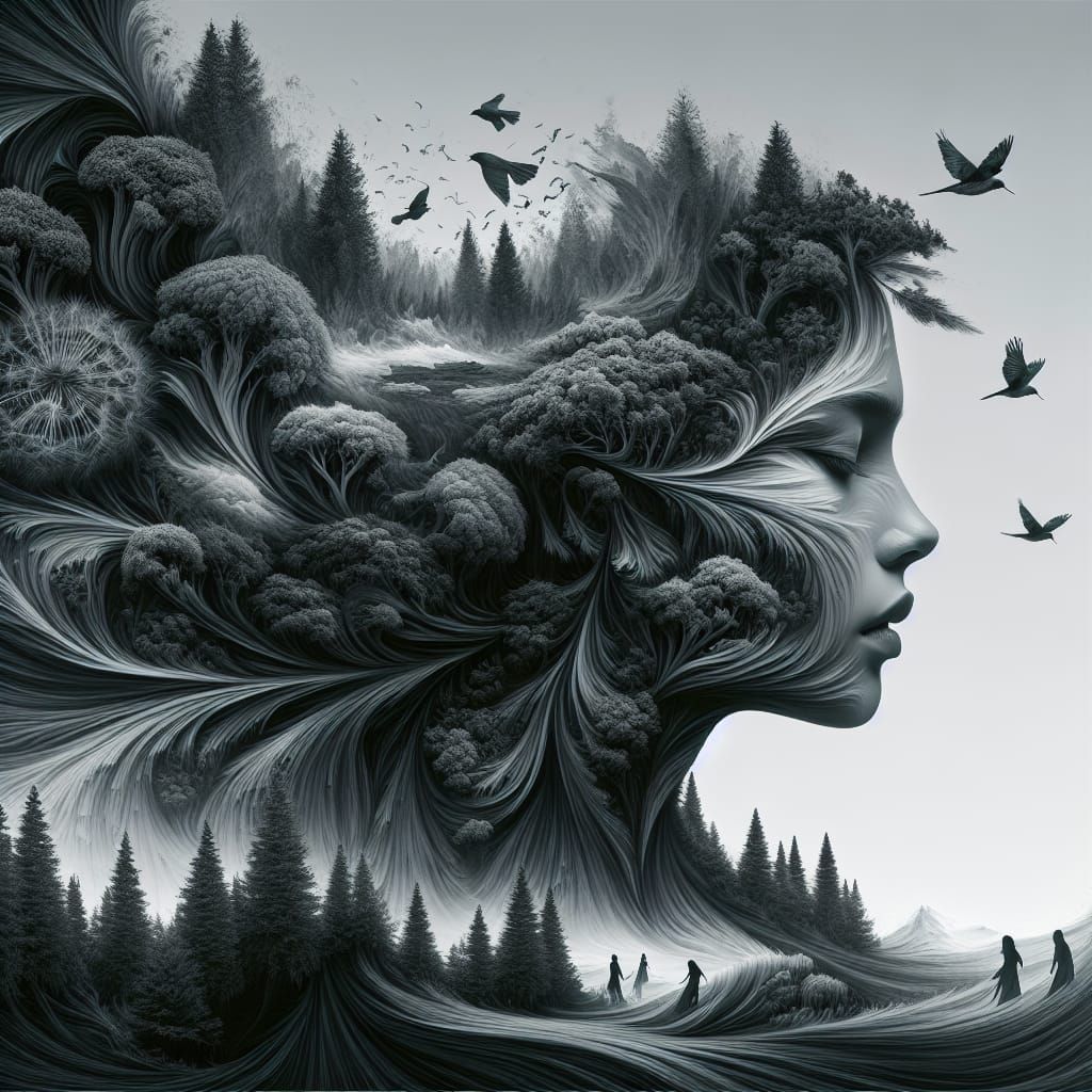 Woman's Face Transforms into Lush Monochromatic Landscape