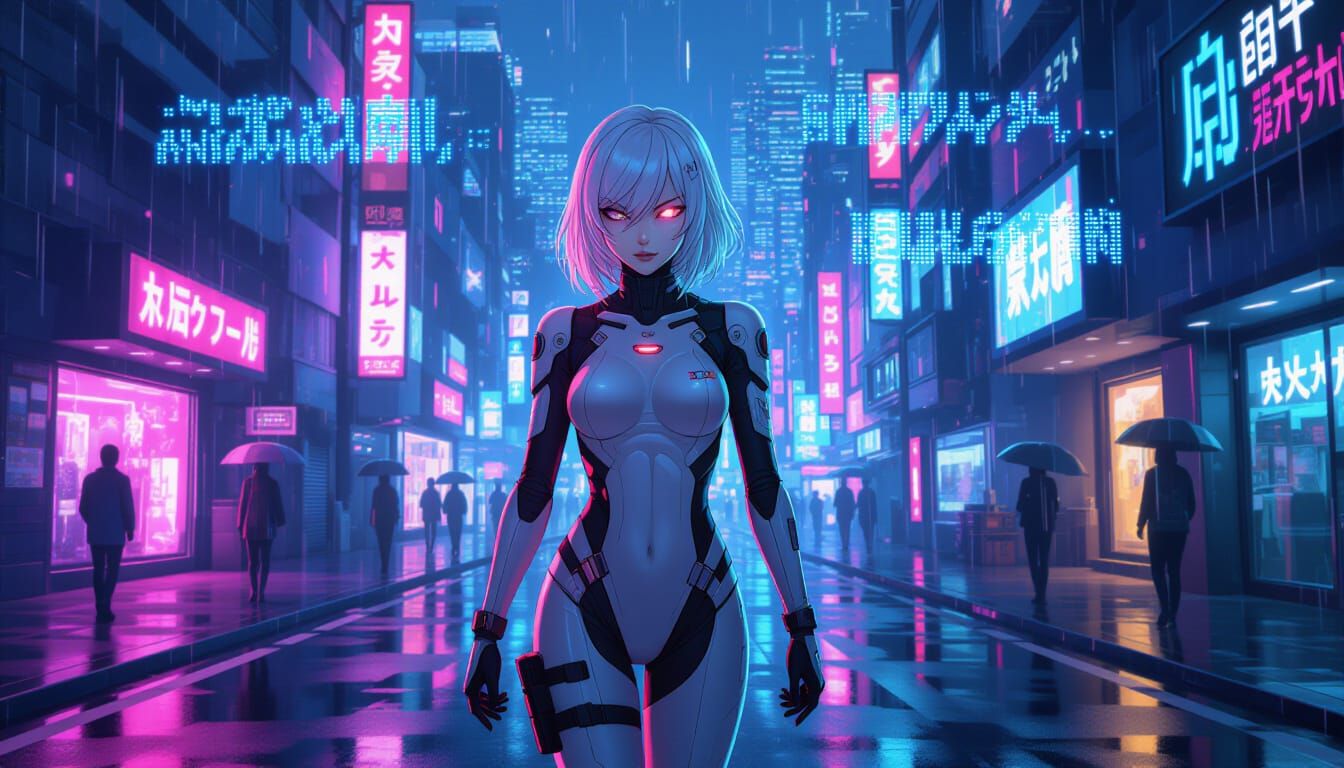 Anime Android Woman Walks Through Neon Cyberpunk City