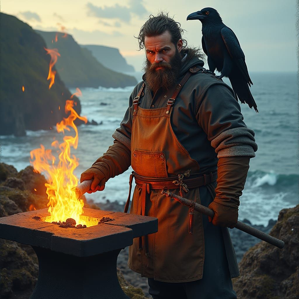 Irish Blacksmith at Forge with Crow, in Dreamlike Style