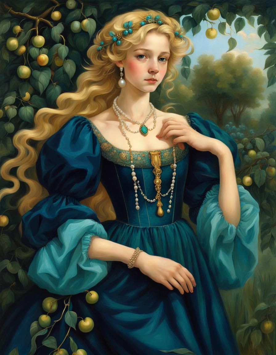 Renaissance Girl in Cherry Garden Portrait