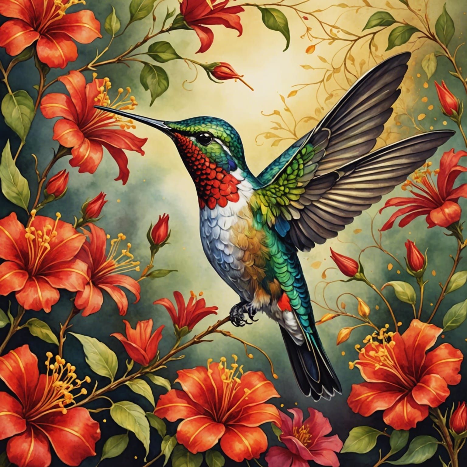 Watercolor Hummingbird with Red Flowers and Gold Accents