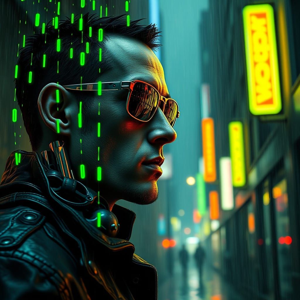 Cyborg in Neon-Lit Dystopia Contemplates Existence