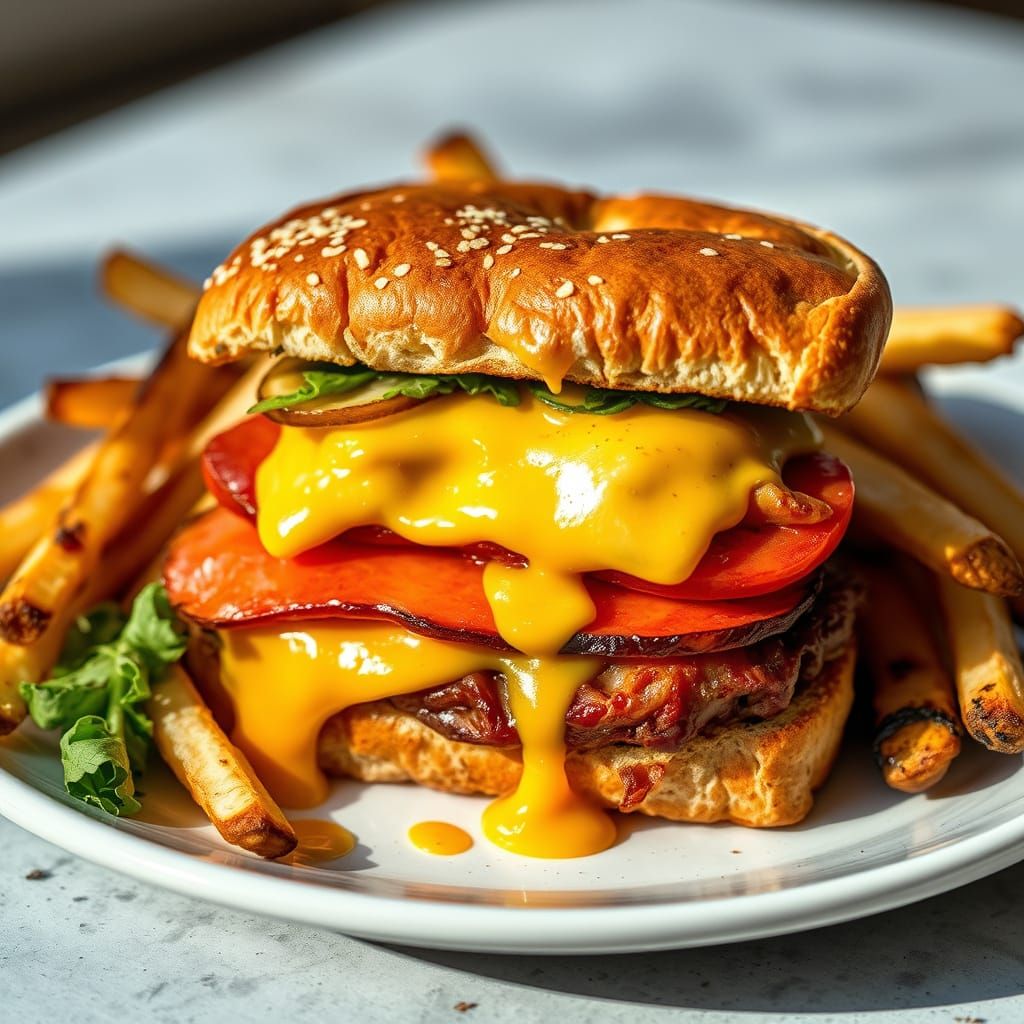 Delicious Club Sandwich with Fries and Grilled Veggies