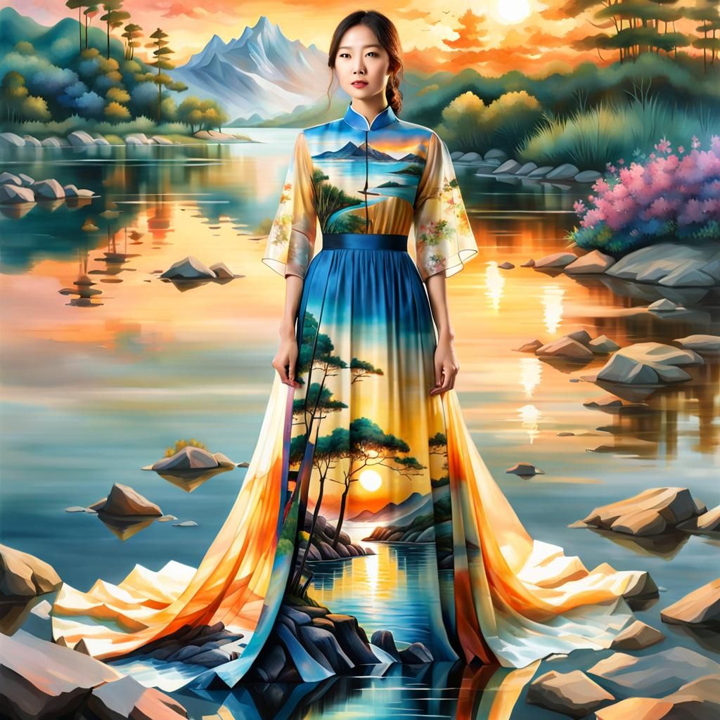 Double Exposure Sunset Dress: Photorealistic Masterpiece