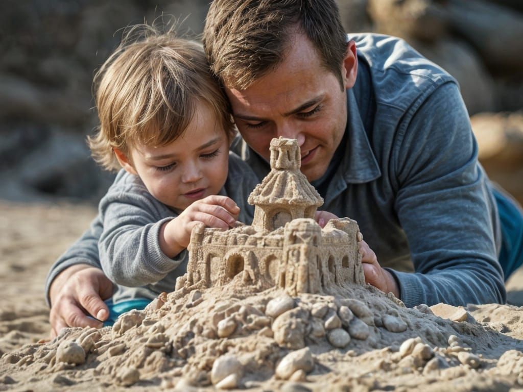 Father and Child Building Sandcastle, Photorealistic Portrai...