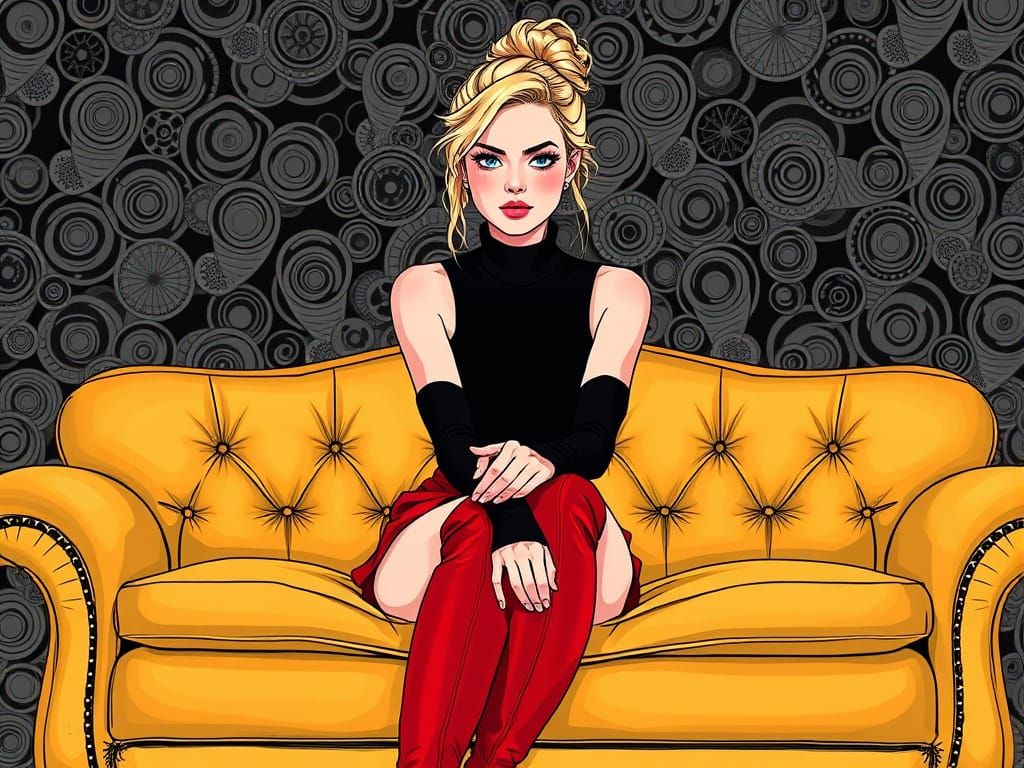 Blonde Woman on Gold Couch with Zentangle Background
