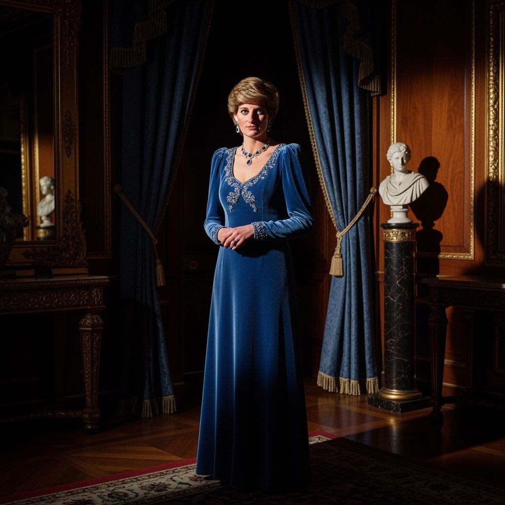 Princess Diana Portrait in Lavish Setting, Dramatic Lighting