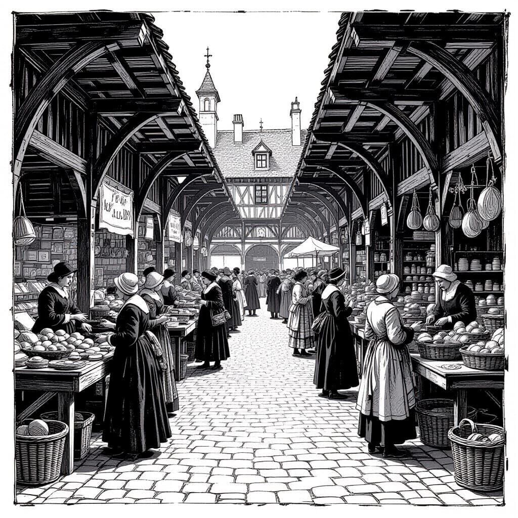 16th Century French Market Scene in Detailed Graphic Style