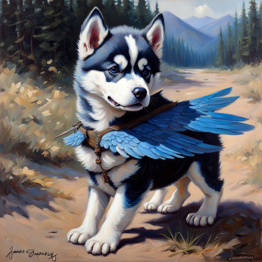 Husky Pup with Bluebird Wings: Oil Painting