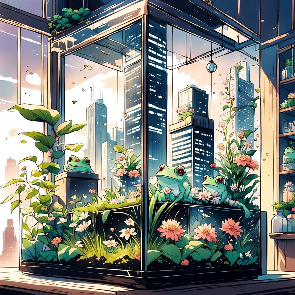 Anime Cityscape Terrarium with Flowers and Frogs
