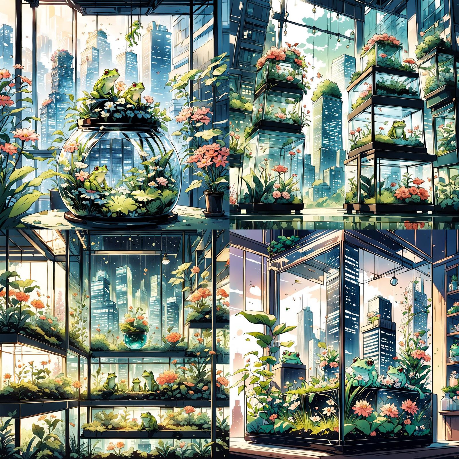 Cityscape Terrarium with Flowers and Frogs in Anime Style