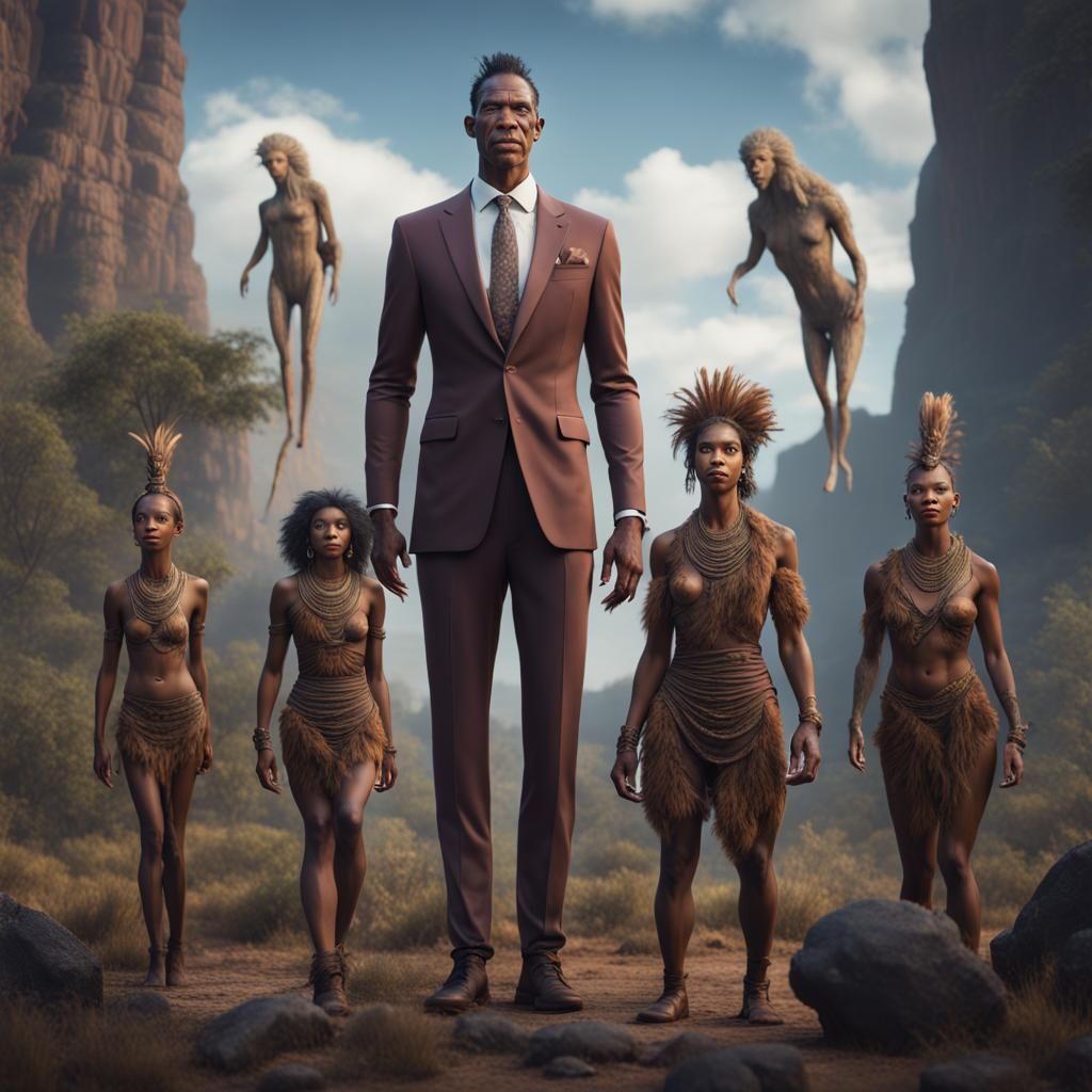 Man in Suit with Prehistoric Women: Detailed Matte Painting