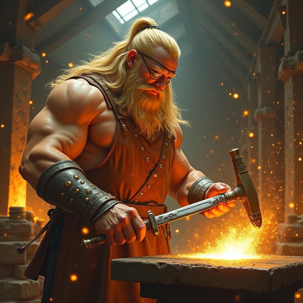 Dramatic scene of a giant deity, resembling a skilled blacksmith, working diligently in a fiery forge within his lofty w...