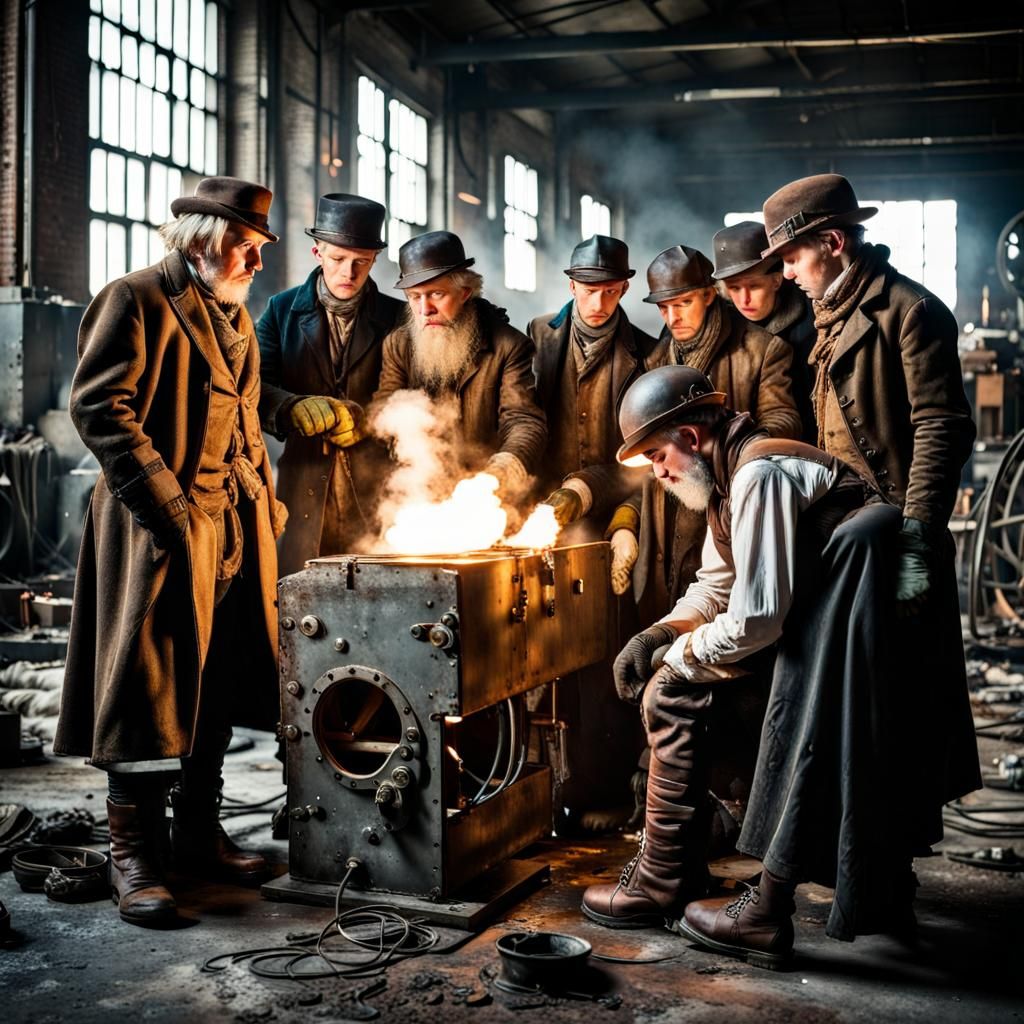 Frozen Steampunk Factory: Victorian Workers in Peril