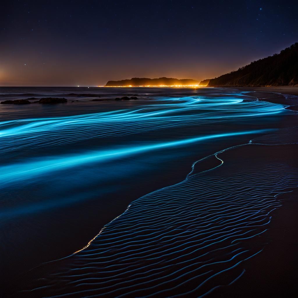 Bioluminescent Waves on a Night Beach