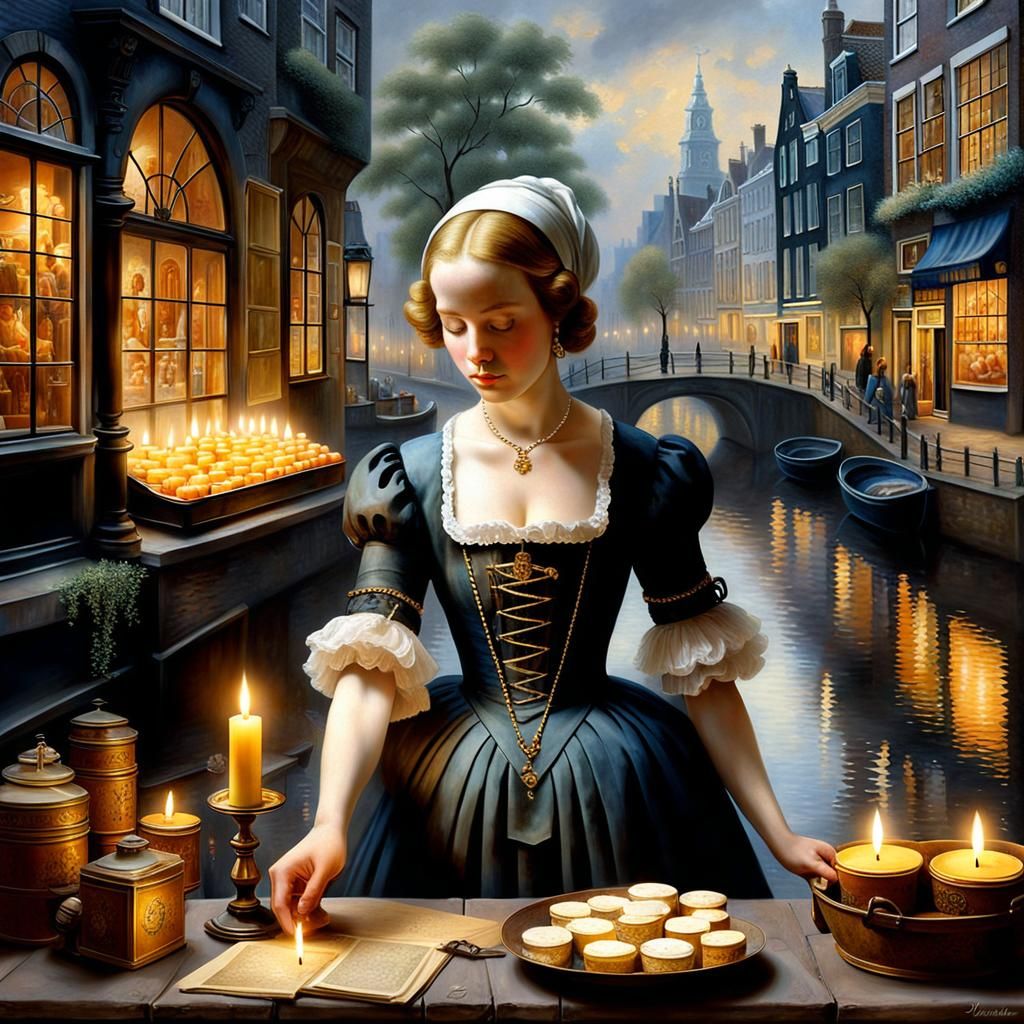 Amsterdam Candle Seller in Vermeer Style