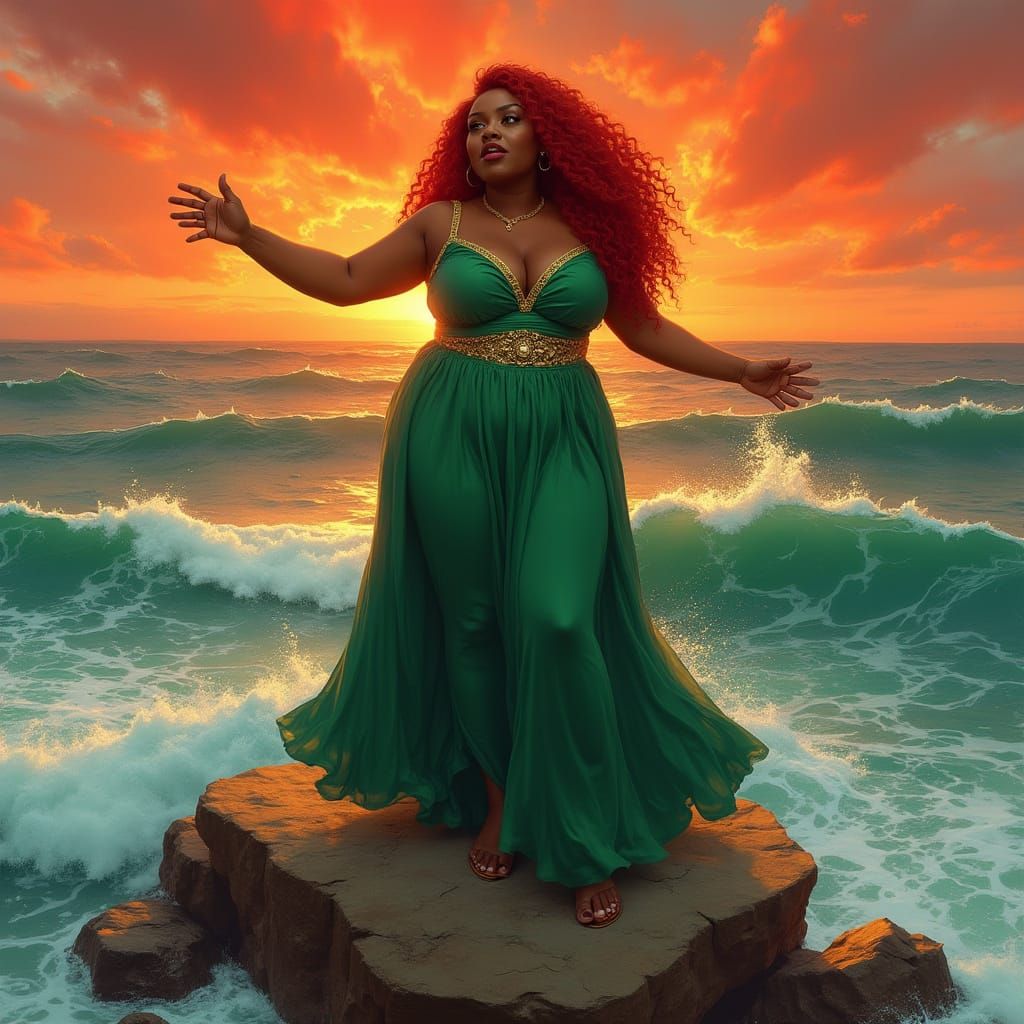 Woman in Green Dress at Sunset