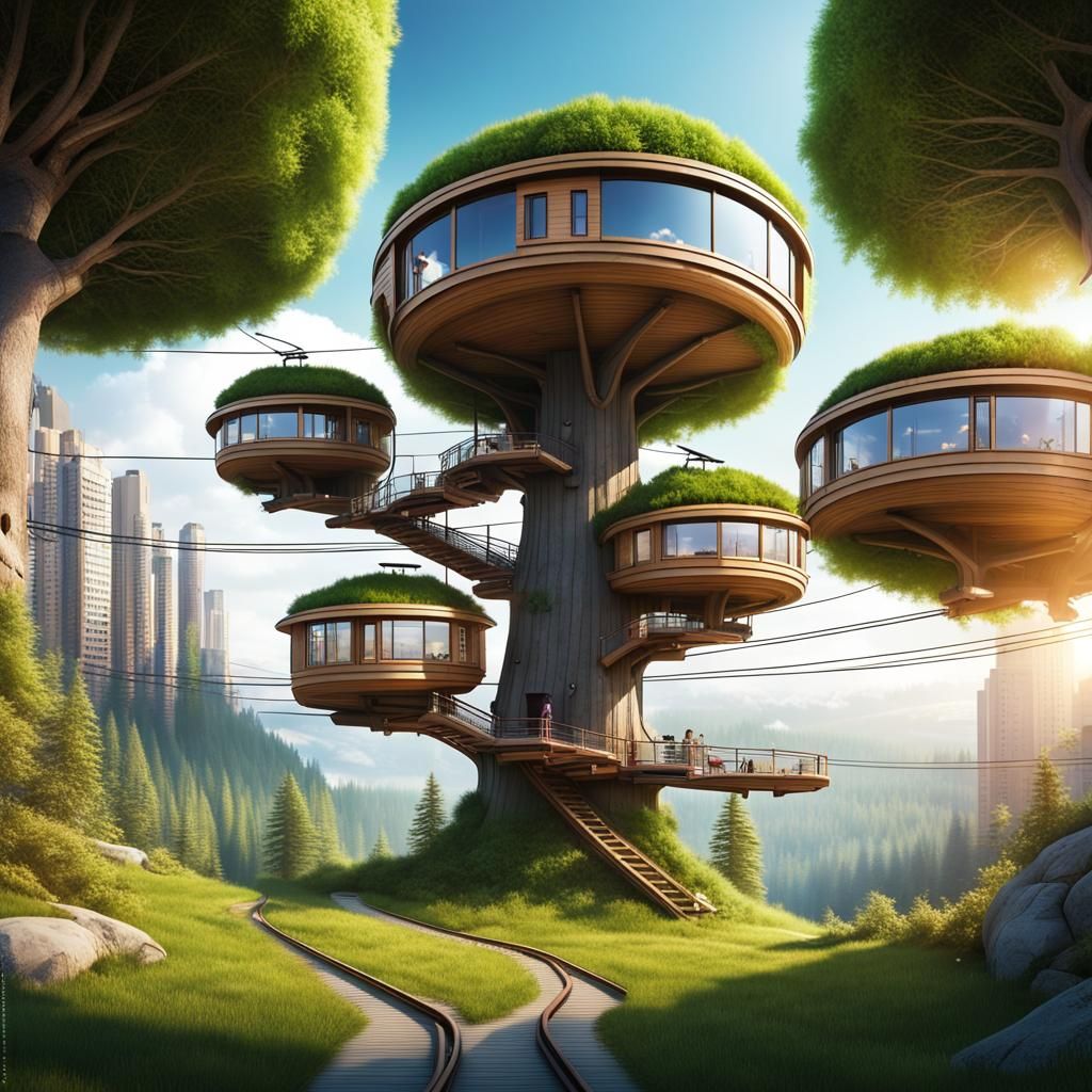 Futuristic Utopian Treehouses in Spring: Panoramic Photograp...