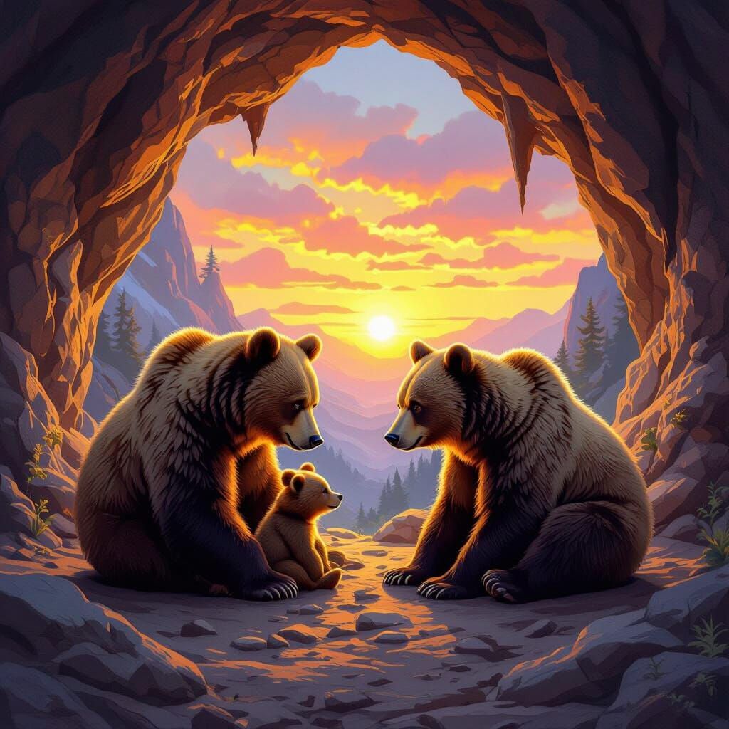 Bear Family at Sunset: Wildlife Art
