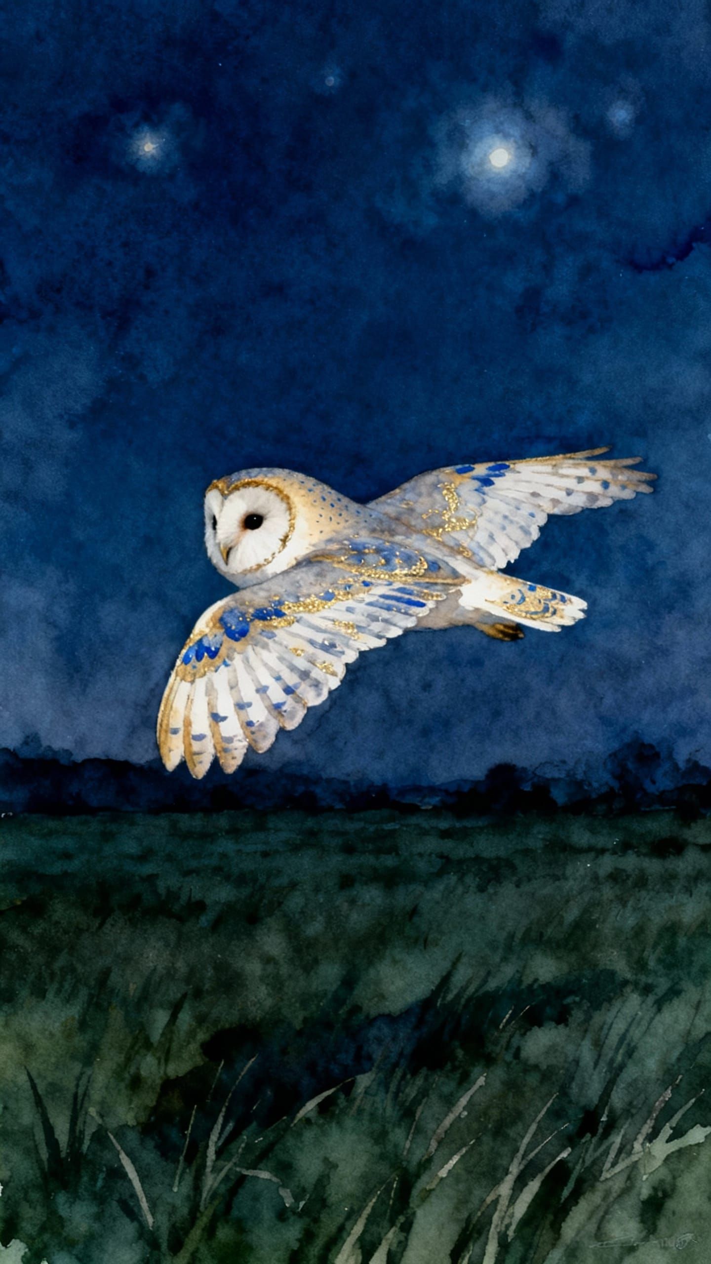 Beautiful Owl Flying Over Dark Field in Watercolor Style