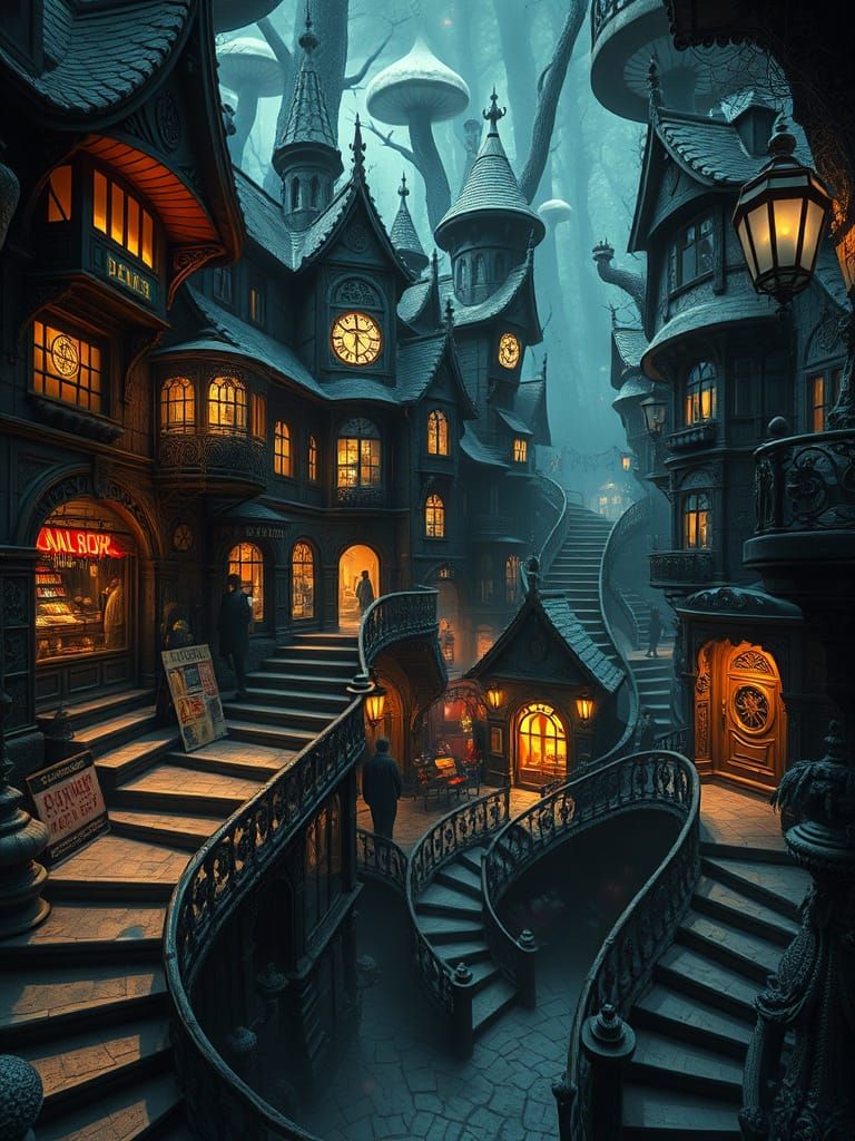 Ancient Fungi Village in a Dismal Swamp at Midnight