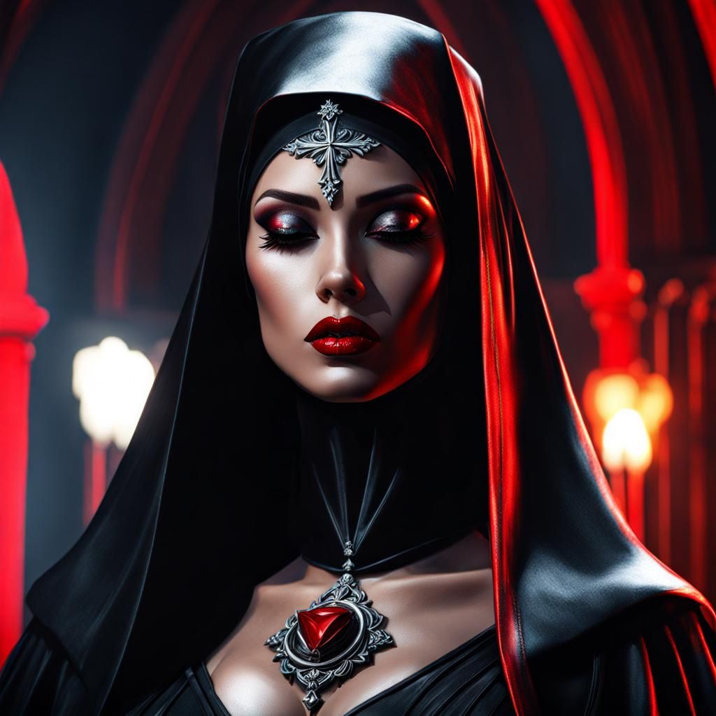 Dark Gothic Nun Portrait in Ink Splash Art Style