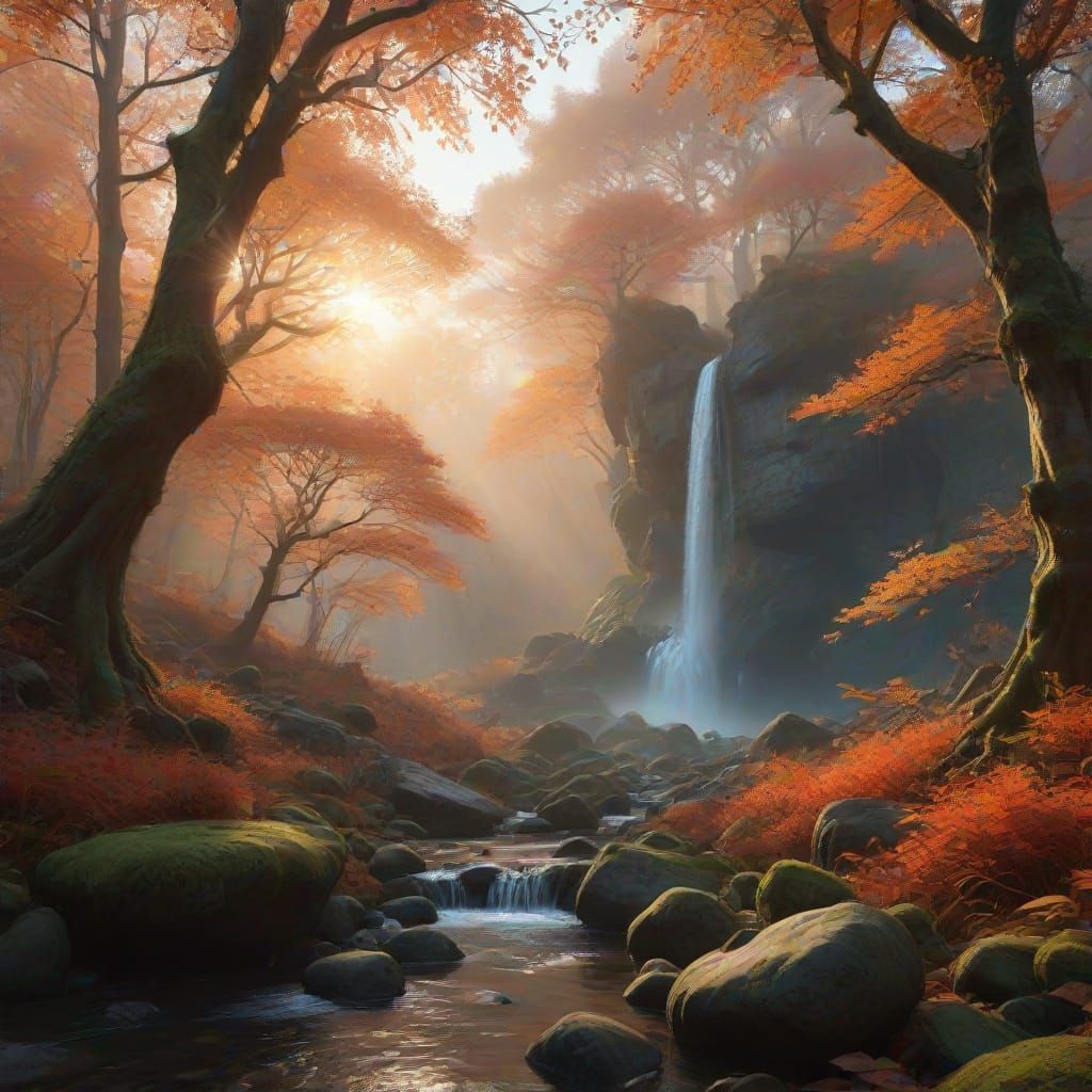 Majestic Autumn Cascade in Ancient Forest