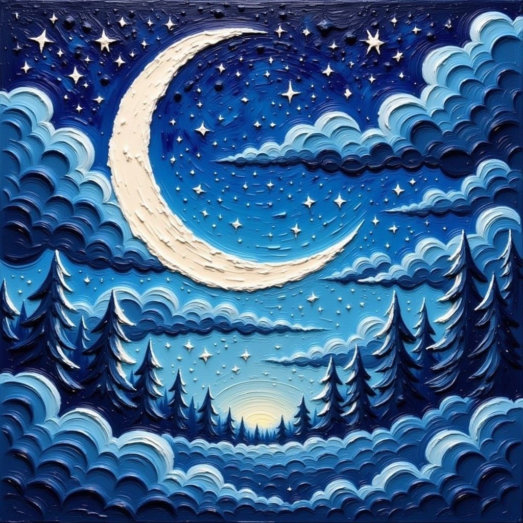 Impressionist Moonlit Scene with Thick, Textured Brushstroke...