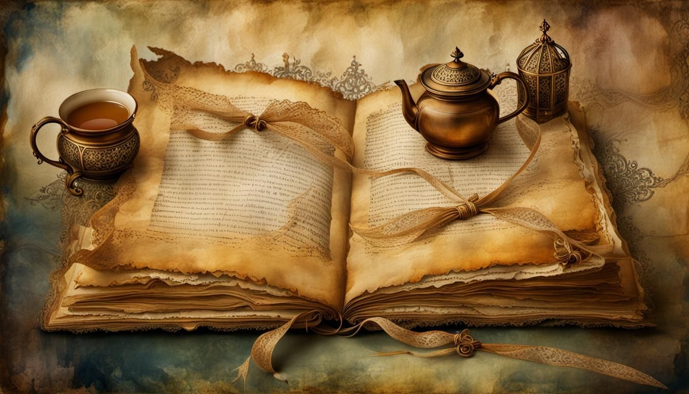 Whimsical Tea-Stained Page: Fantasy Illustration