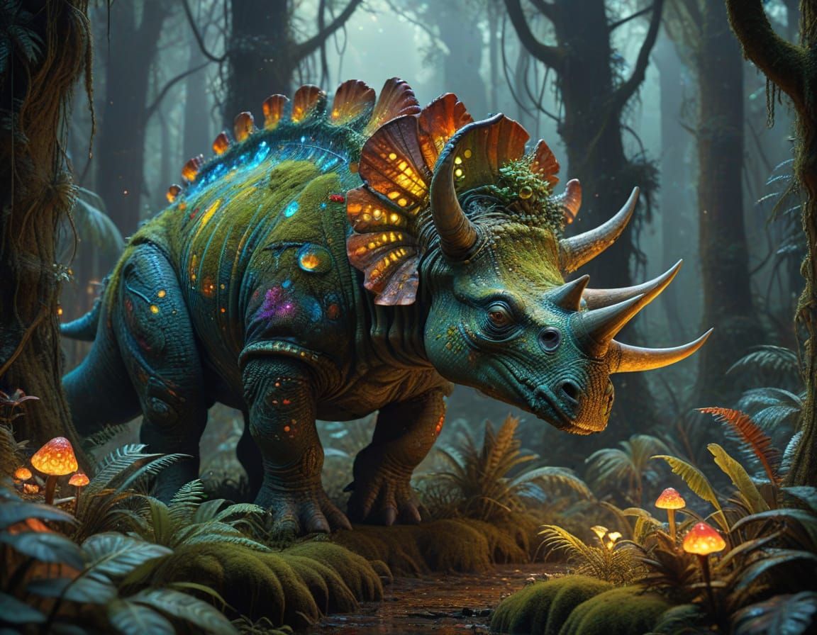 Bioluminescent Triceratops in a Klimt-Inspired Sci-Fi Forest