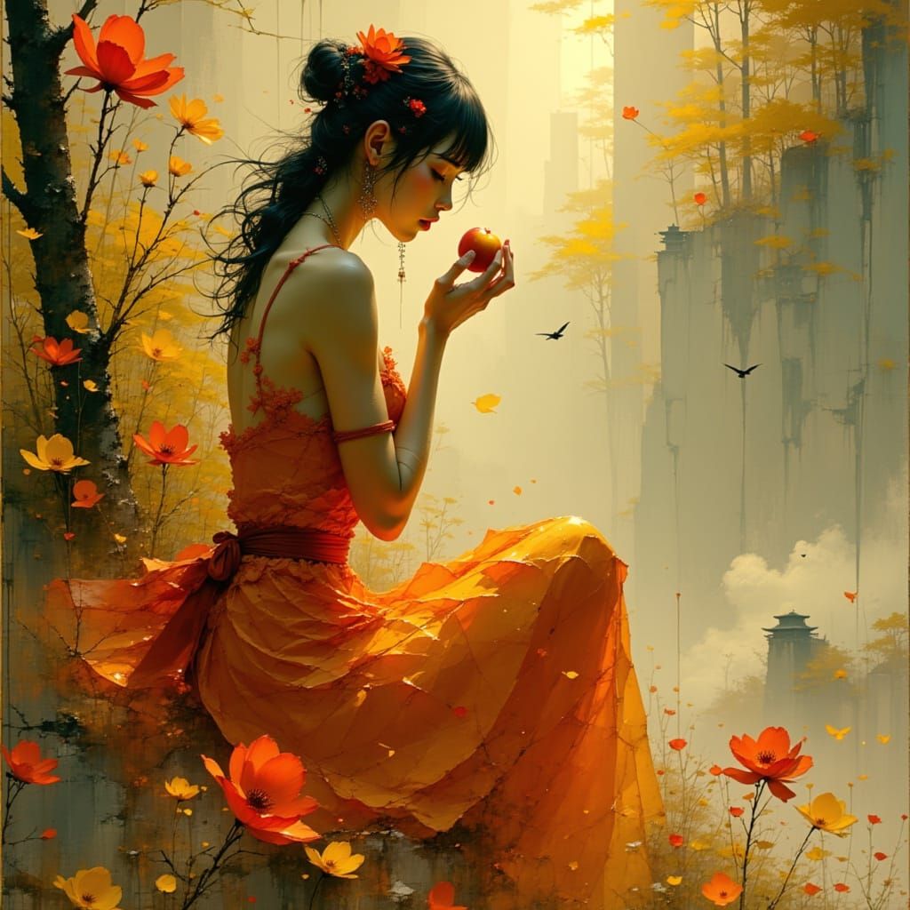 A Woman in a Peach Summer Dress, Surrounded by Epic Splendor