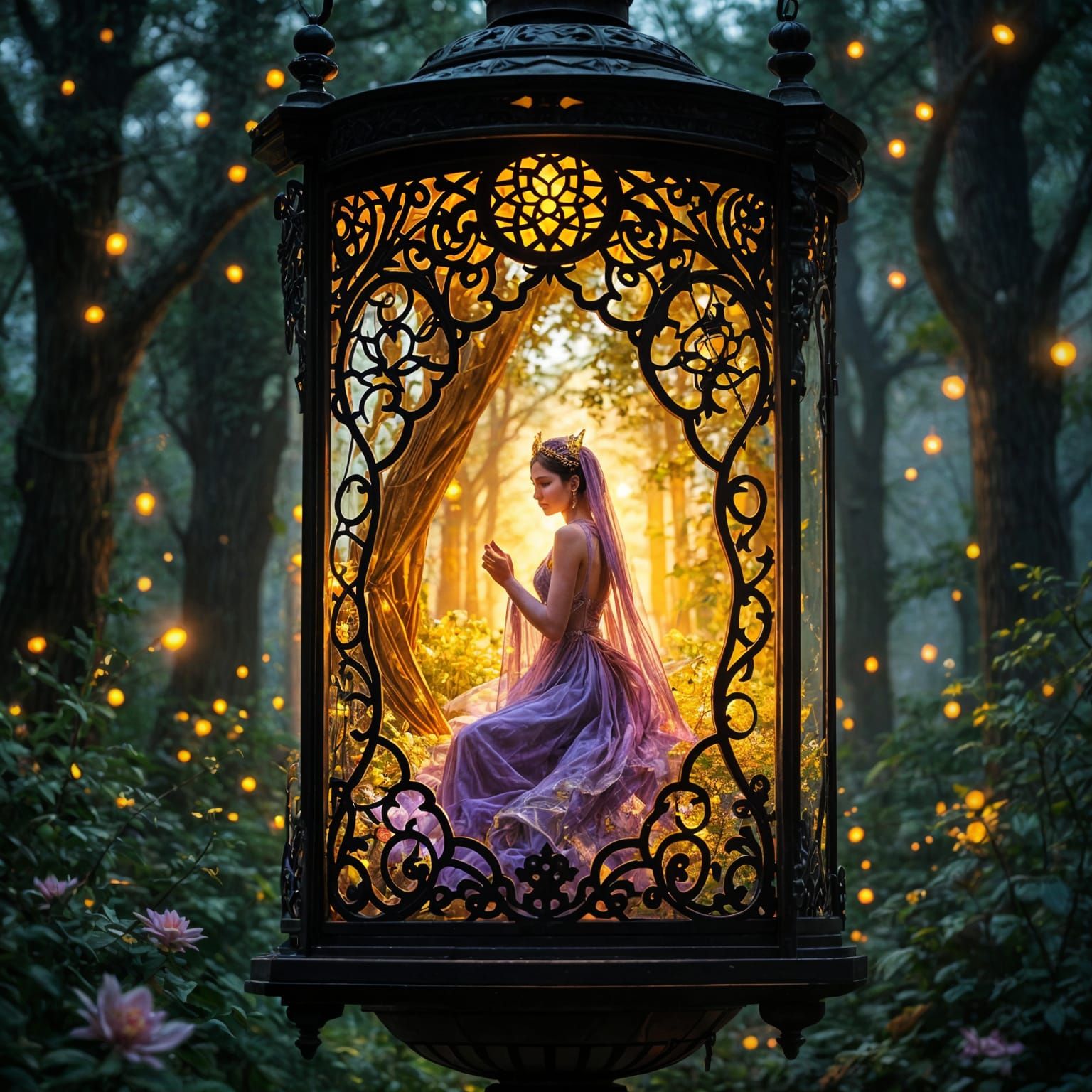 Surreal Ramadan Lantern Scene Unfolds in Amethyst Forest